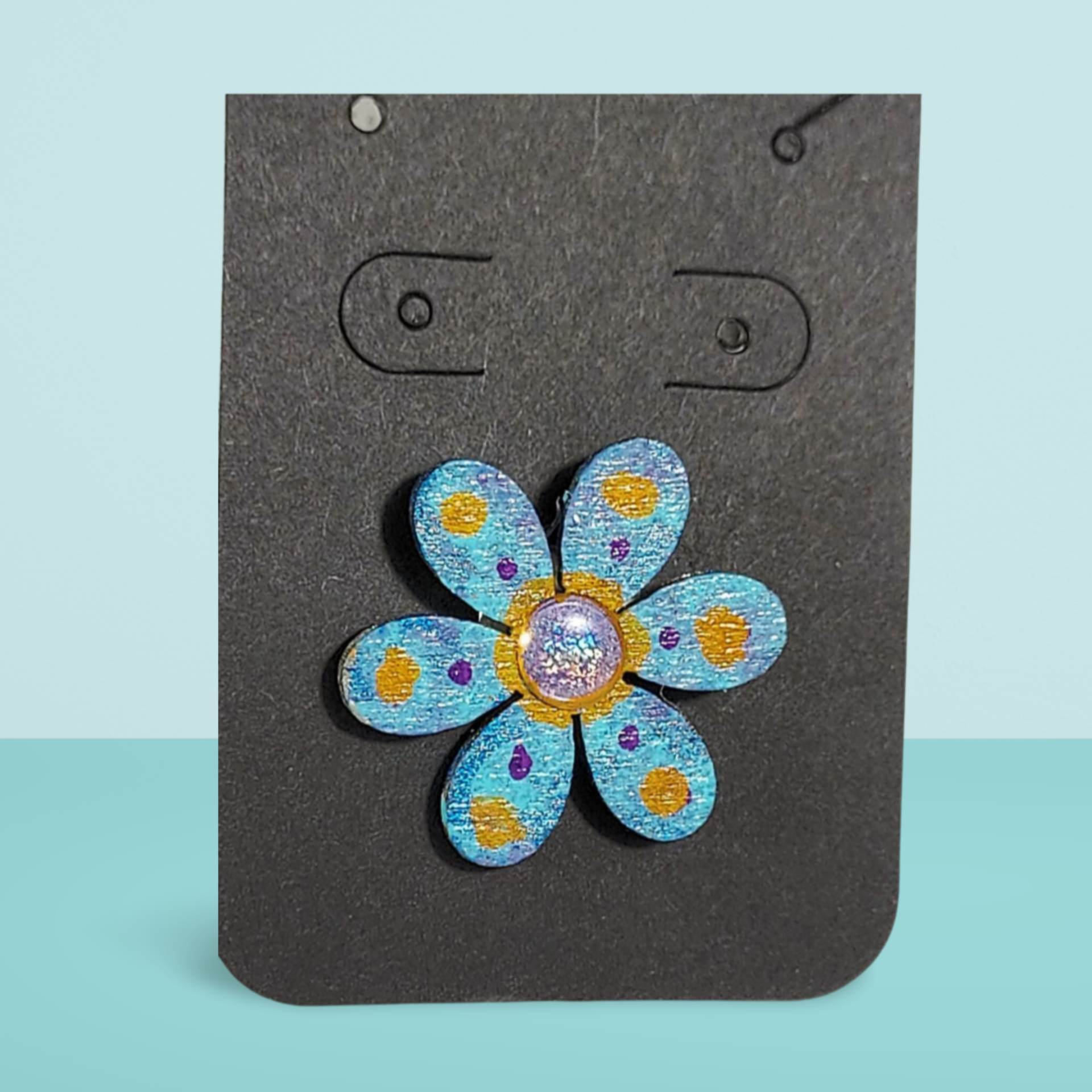 Blue Floral Hand Painted Wooden Lapel Pin